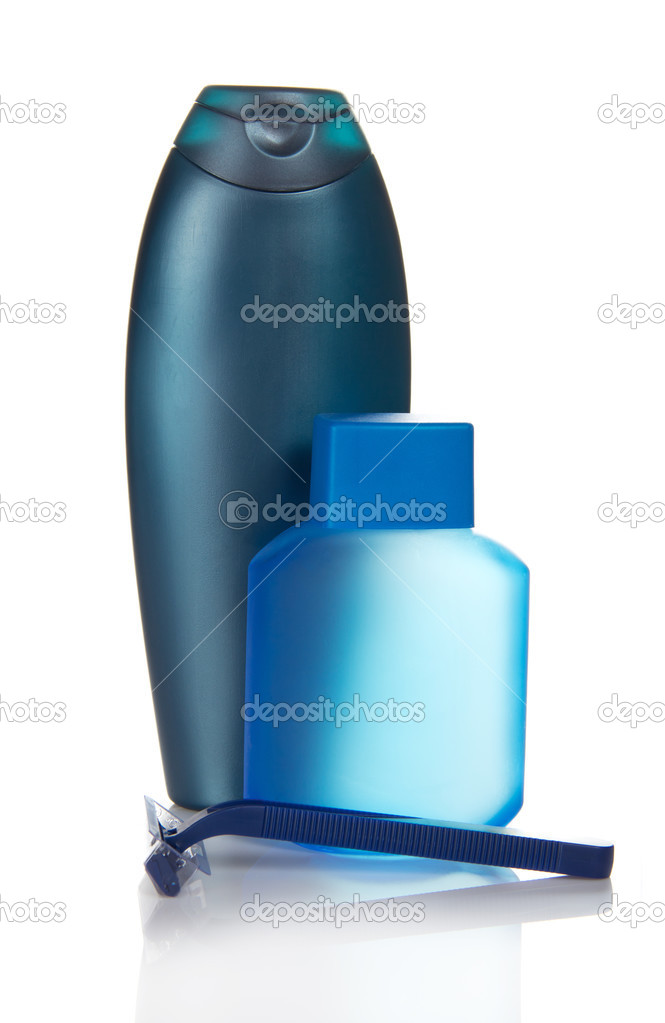 Shampoo, lotion after shaving and the safety razor, isolated on white