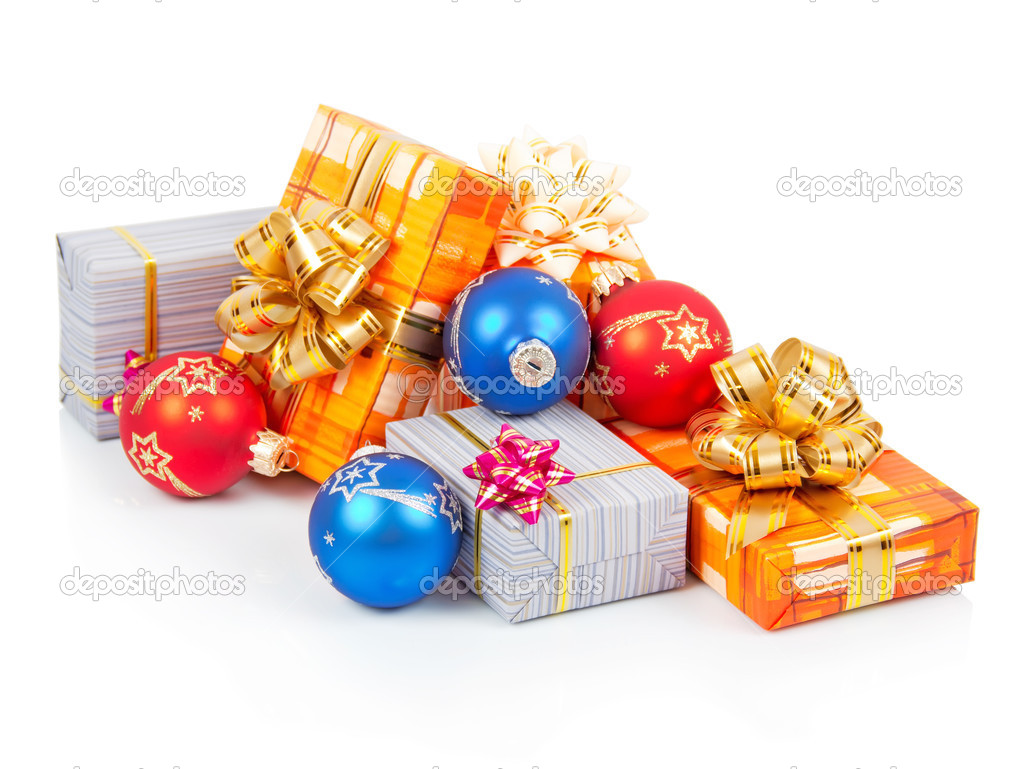 Bright christmas gifts and blue, red balls isolated on white