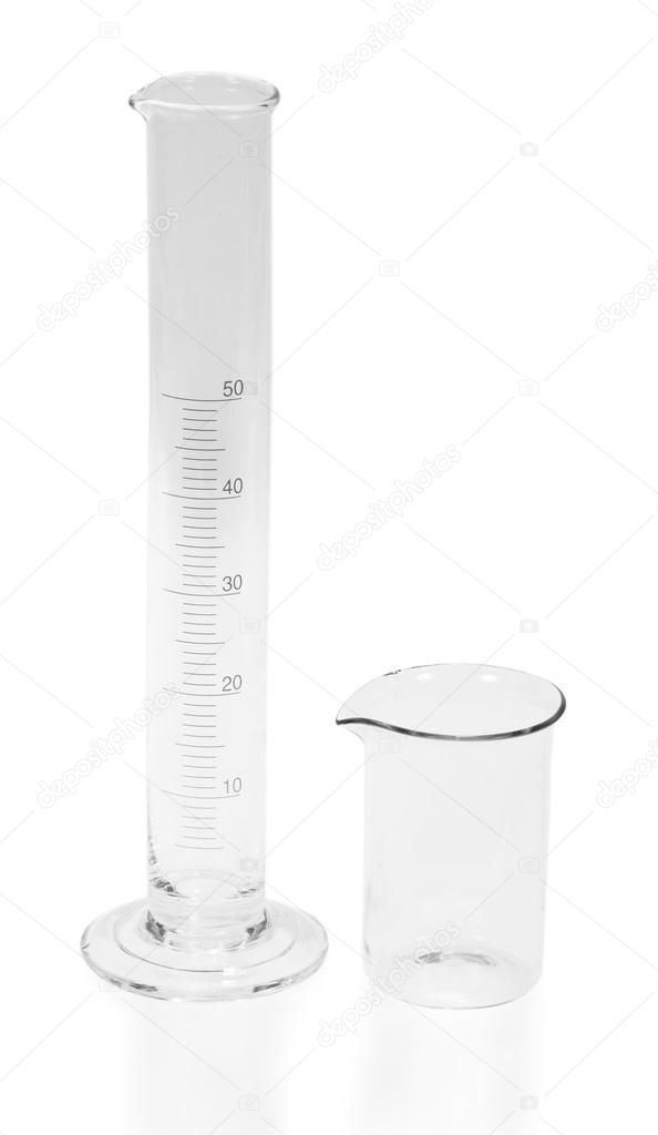The graduated cylinder and the glass isolated on white