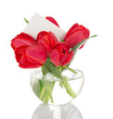 Картина, постер, плакат, фотообои "bouquet of red tulips in a round vase and the empty card, isolated on white", артикул 32304171
