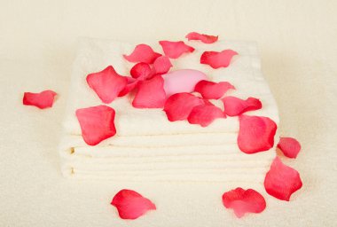 havlu ve sabun havlu kumaş üzerine gül yaprakları altında