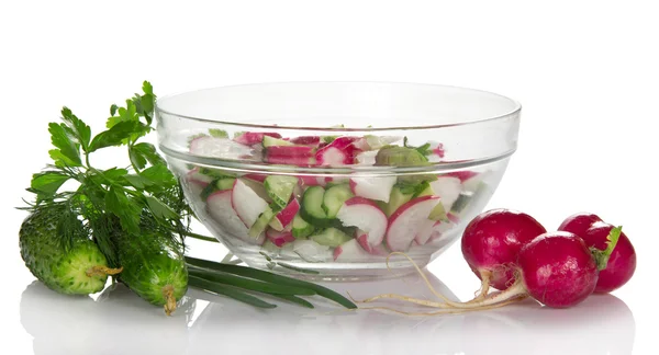 Lente salade van komkommers en een tuin radijs met de Groenen, geïsoleerd op wit — Stockfoto