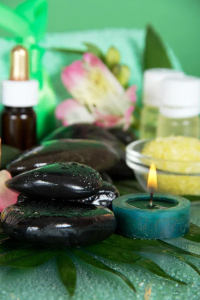 Wet stones, candle and salt, closeup on the green — Stock Photo, Image