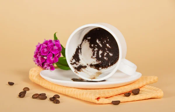 The overturned cup, coffee grains, a bright carnation and a napkin on the beige — Stock Photo, Image