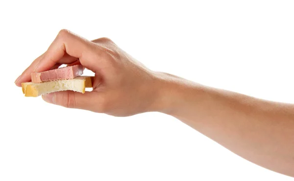 Sandwich from which bit off a slice, in the female hand — Stock Photo, Image