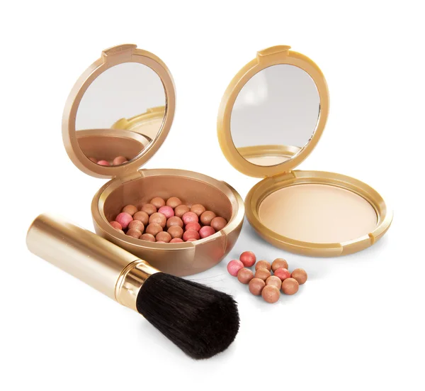 Compact powder, cosmetic blush and the brush — Stock Photo, Image