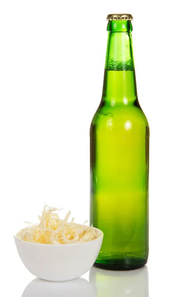 Bottle of beer and dried squids in a bowl — Stock Photo, Image