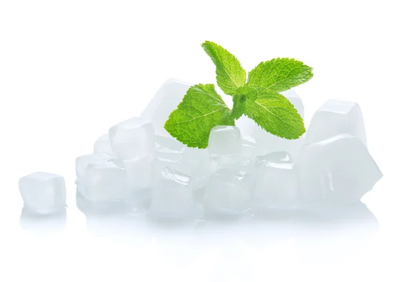 Young green leaves of spearmint and the cubes of ice isolated on white — Stock Photo, Image