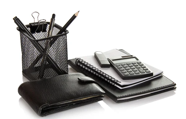 A set of office accessories, man's purse and flash card isolated on white — Stock Photo, Image