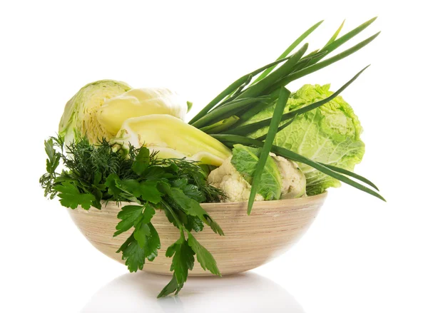 Cabbage, sweet pepper, green onions, parsley and dill in a bowl — Stock Photo, Image