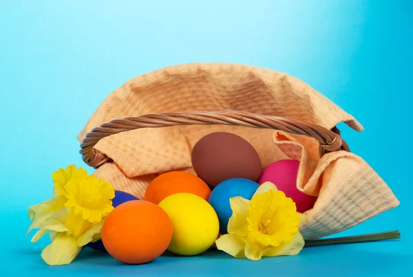 Le panier renversé avec des œufs et des fleurs jaunes sur fond bleu — Photo