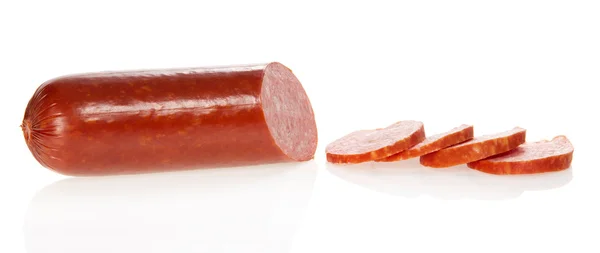Апетитна ковбаса, ізольована на білому — стокове фото