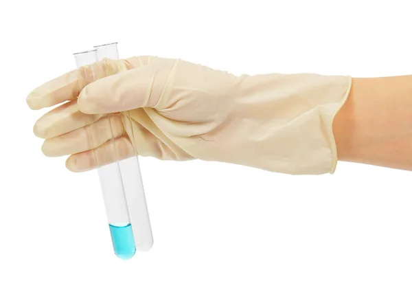 A mão segura um tubo de ensaio isolado em branco — Fotografia de Stock