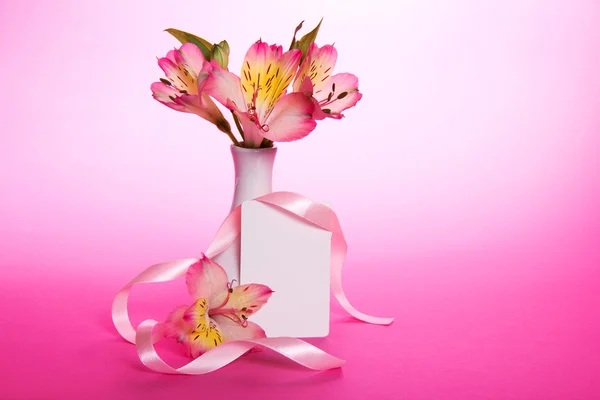 Pink alstroemeria in a vase and an empty card with a ribbon on a pink background — Stock Photo, Image