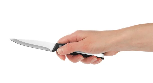 Cuchillo de cocina pequeño en la mano femenina, aislado en blanco — Foto de Stock