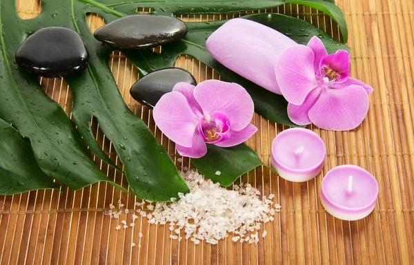 Monstera leaf, orchid and set for Spa on a bamboo cloth — Stock Photo, Image