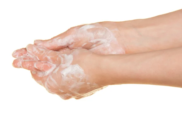 肥皂水，孤立的白色衬底上的女人的手 — 图库照片
