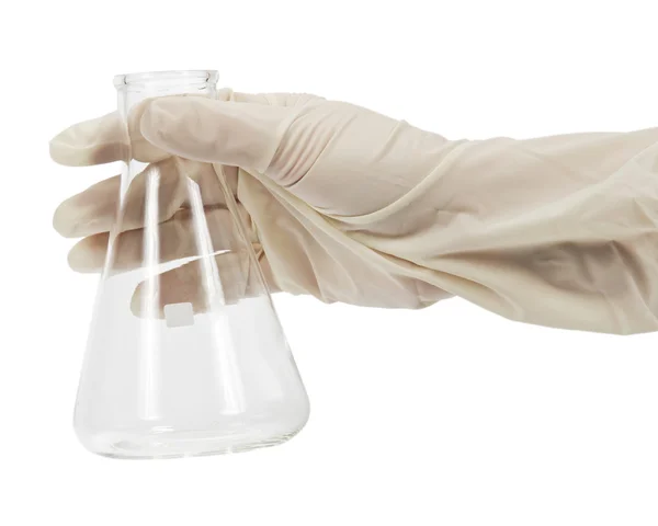Reageerbuis voor chemische stof in een hand geïsoleerd op wit — Stockfoto