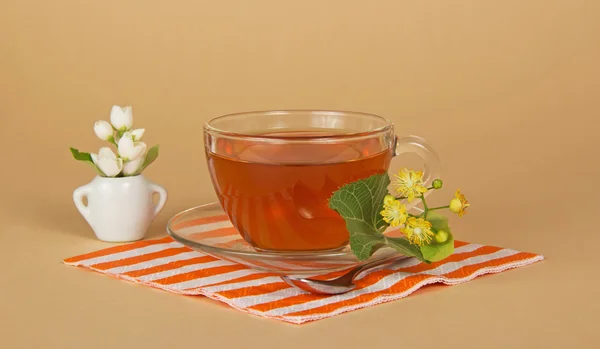 Tea, linden and jasmine flowers, napkin on the beige — Stock Photo, Image