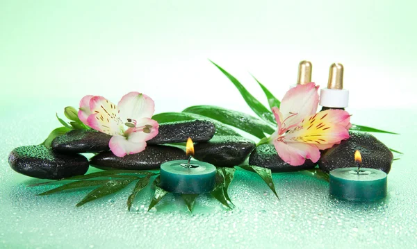 Bougies et huile d'arôme, pierres et une fleur sur une feuille d'howea, sur un fond vert — Photo