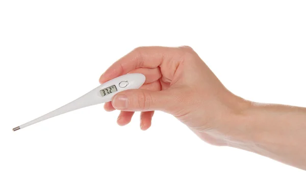 Electronic thermometer in a hand, isolated on white — Stock Photo, Image