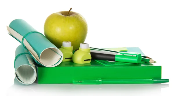 Book, accessories to the letter a hole puncher, marker and apple, isolated on the white — Stock Photo, Image