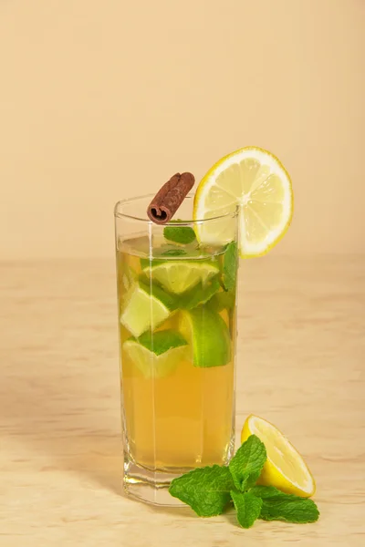 Bir çubuk tarçın ve nane bir limon dilimi ile iç — Stok fotoğraf