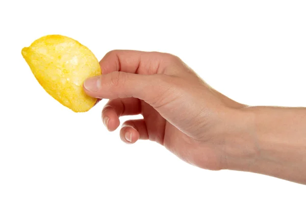 Golden chips in a hand, isolated on white — Stock Photo, Image