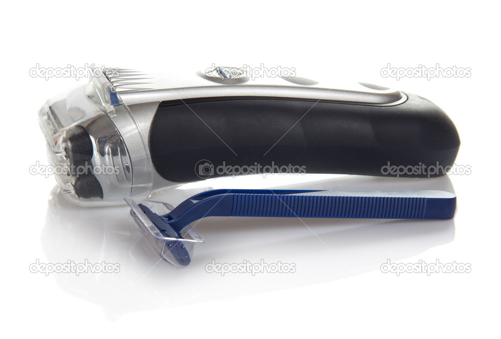 The disposable safety razor and the electric razor is isolated on white