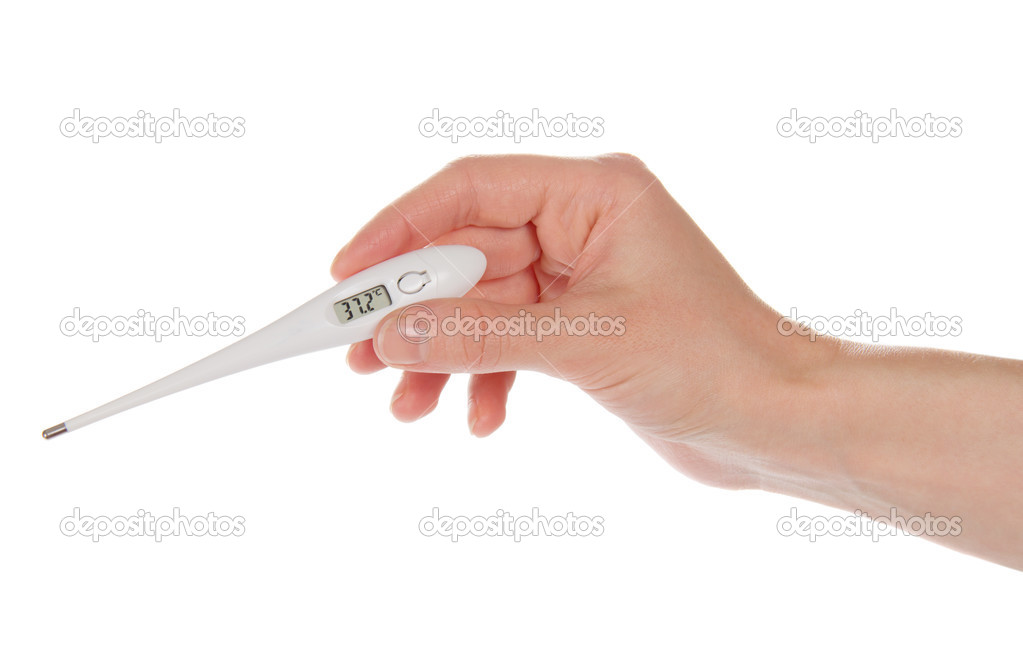 Electronic thermometer in a hand, isolated on white