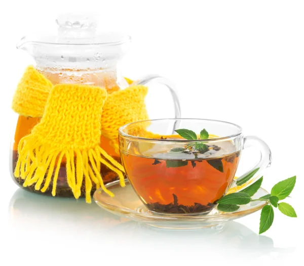 Tea with mint, teapot in a yellow scarf — Stock Photo, Image