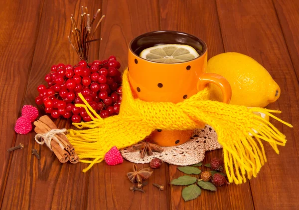 Tasse Tee mit einer Zitrone und anderen Mitteln gegen Katarrhen — Stockfoto