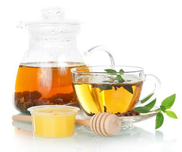 Teapot with mint tea and honey — Stock Photo, Image