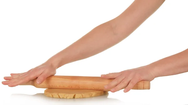 Female hand rolled dough with a rolling pin — Stock Photo, Image