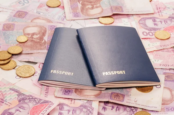 Passports with warious ukrainian money — Stock Photo, Image