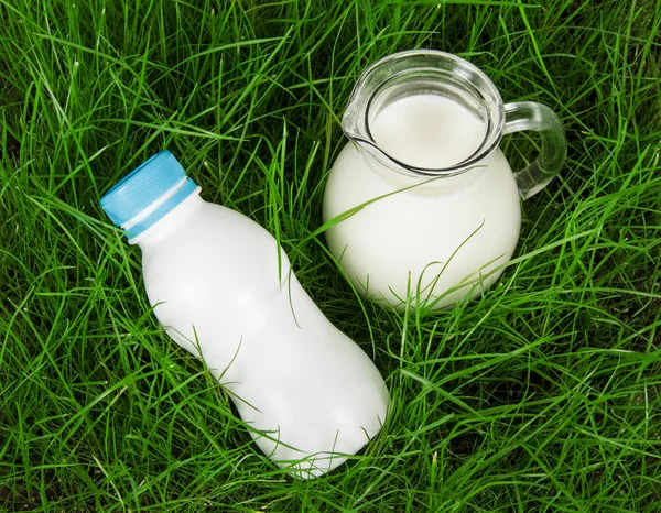 Flasche und Krug mit frischer Milch — Stockfoto