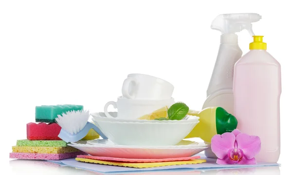 Temizlik ürünleri ve pembe çiçek — Stok fotoğraf