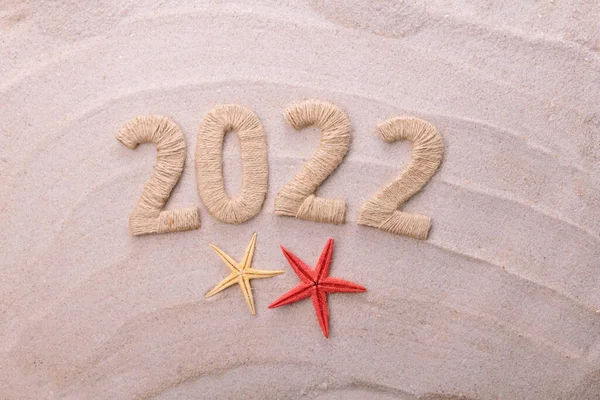Top View Inscription 2022 Made Twine Background Sea Sand — Stock Photo, Image