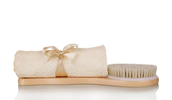 Spa Set Beige Towel Soft Massage Body Brush Isolated White — Stock Photo, Image