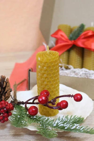Handmade beeswax candles natural colour. Bees wax candles good present for Christmas. Craft candles