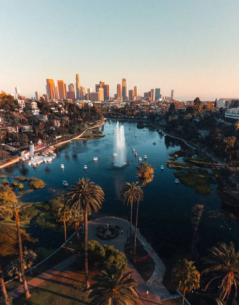 Los Angeles Kaliforniya Gökdelenlerle Çevrili Bir Gölün Dikey Görüntüsü — Stok fotoğraf