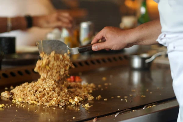 Professional Chef Mixing Rice Meat Being Fried Hot Steel Plate — Stock Photo, Image