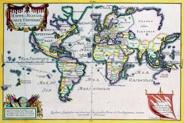 Antigo Mapa Vintage Mundo Nicolas Fer — Fotografia de Stock