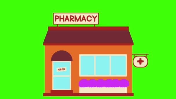 Gyógyszertár Épület Rajzfilm Animáció Elszigetelt Zöld — Stock videók