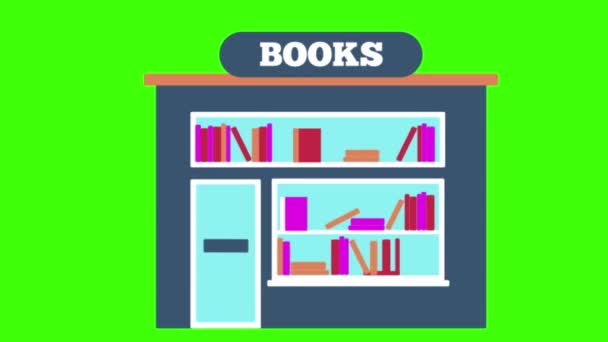 Livraria Edifício Animação Dos Desenhos Animados Isolado Verde — Vídeo de Stock