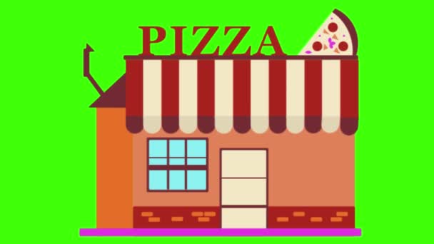 Pizza Restaurant Bâtiment Dessin Animé Animation Isolé Sur Vert — Video