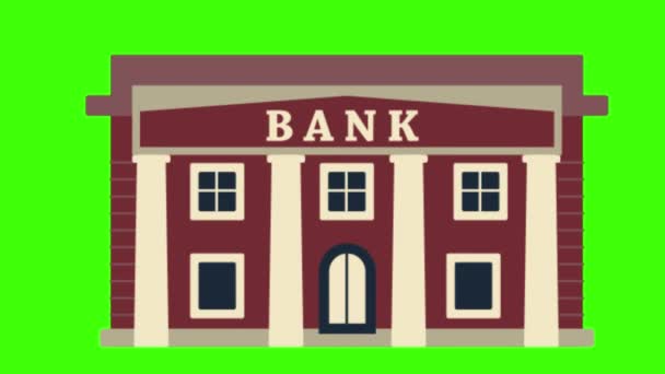 Animacja Budynku Banku Kreskówki Izolowane Zielono — Wideo stockowe
