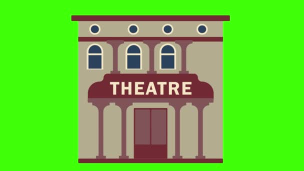 Theater Gebouw Cartoon Animatie Geïsoleerd Groen — Stockvideo