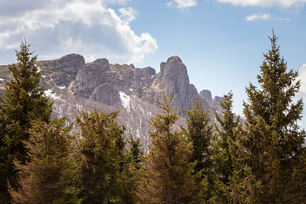 Stará Hora Malými Zasněženými Oblastmi Proti Zatažené Obloze Srbsku Stromy — Stock fotografie