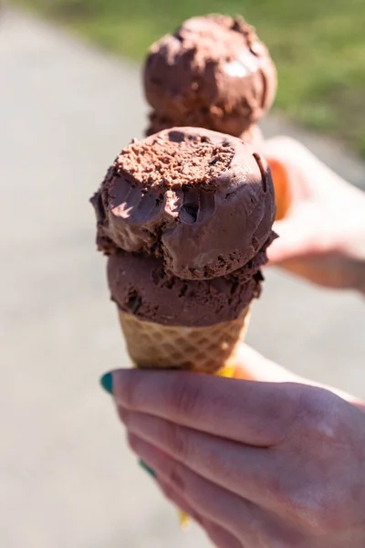 Two Female Hands Holding Chocolate Ice Cream Cones — Stock Photo, Image